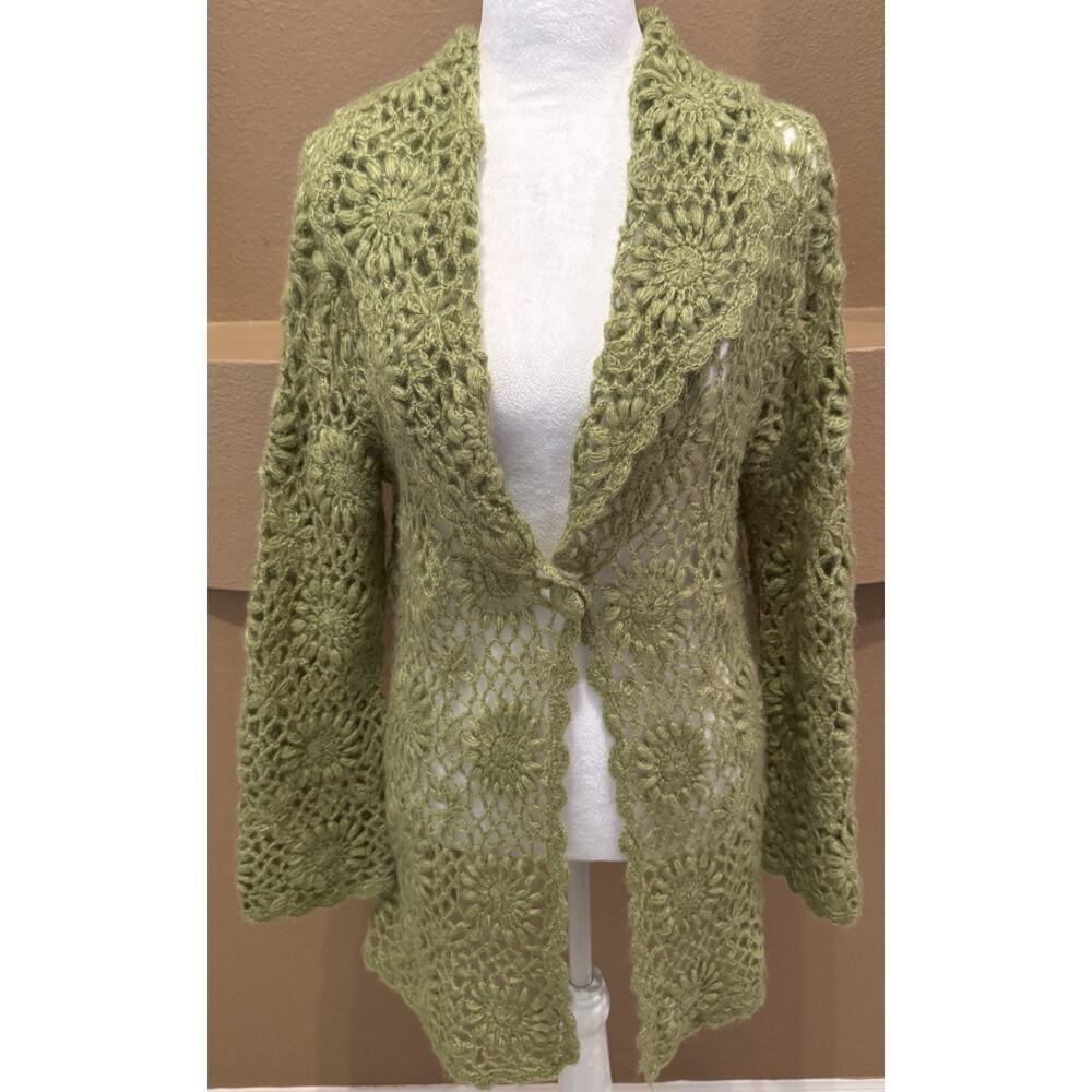 Michelle Nicole Long Green Cardigan Sweater 90s Wool Blend Size S